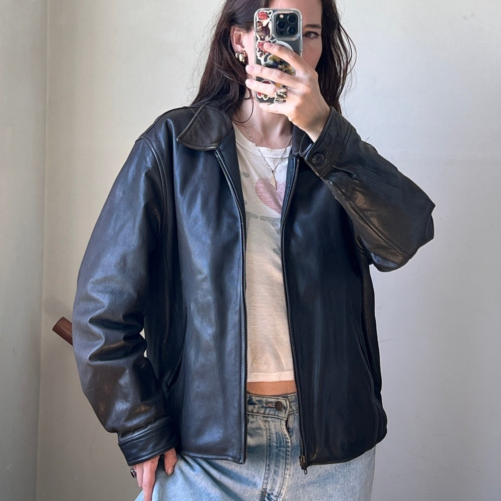 Vintage 90s J.Crew Leather Jacket Brown Quilted Full Zip Bomber Biker Oarsman L